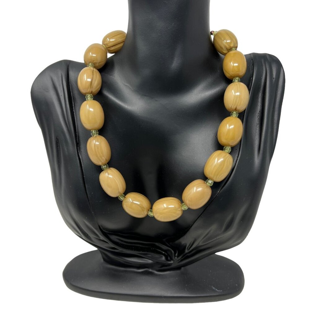 Tan Beaded Necklace Gold Tone Oval Acrylic Striated Beads